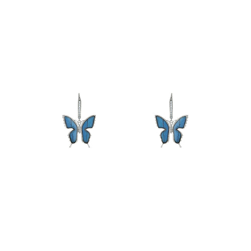silver blue morpho butterfly wing dangle earrings