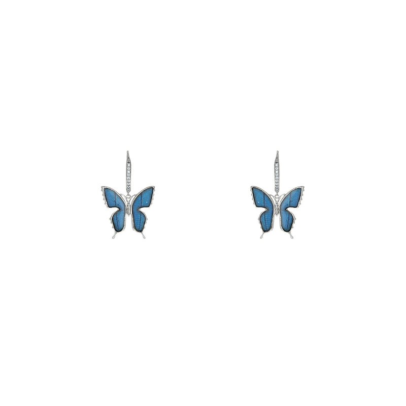 silver blue morpho butterfly wing dangle earrings