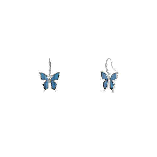 CZ accent real blue butterfly wing dangle earrings