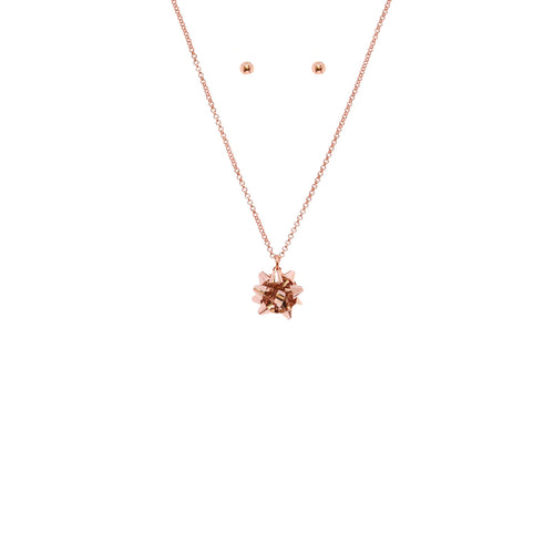rose gold gift bow necklace with round stud earrings