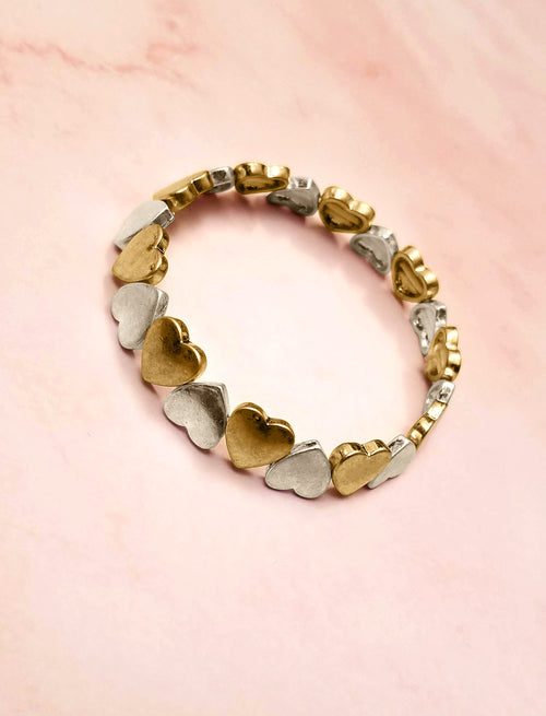 gold and silver alternating heart stretch bracelet