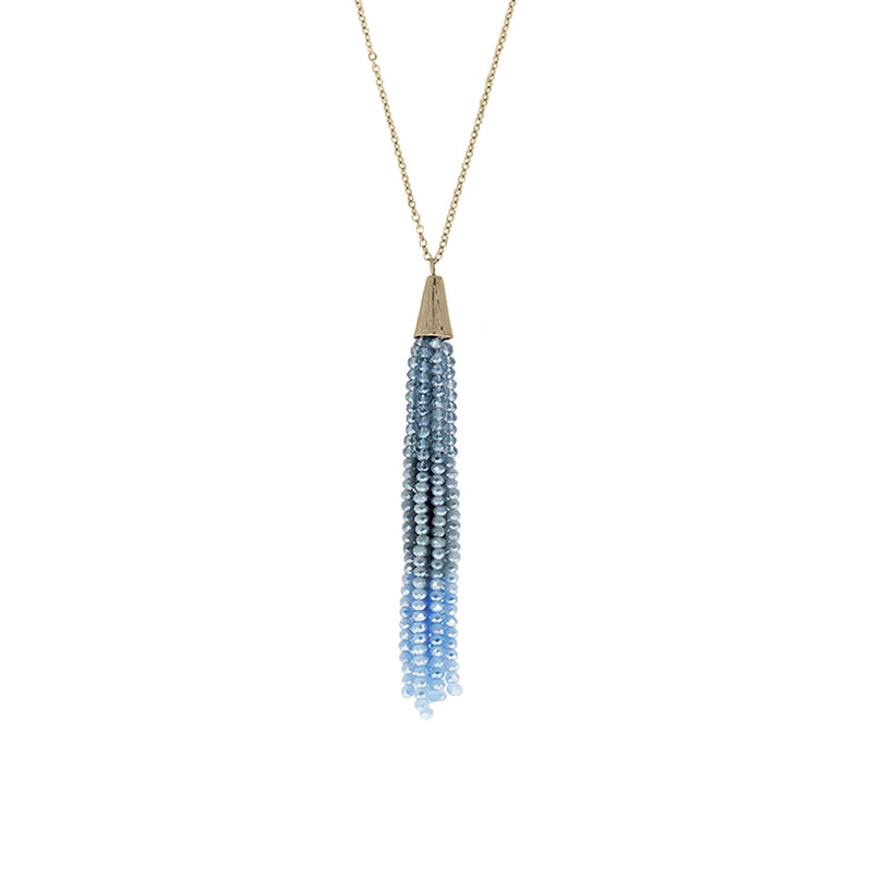 blue tri-color crystal tassel long gold necklace