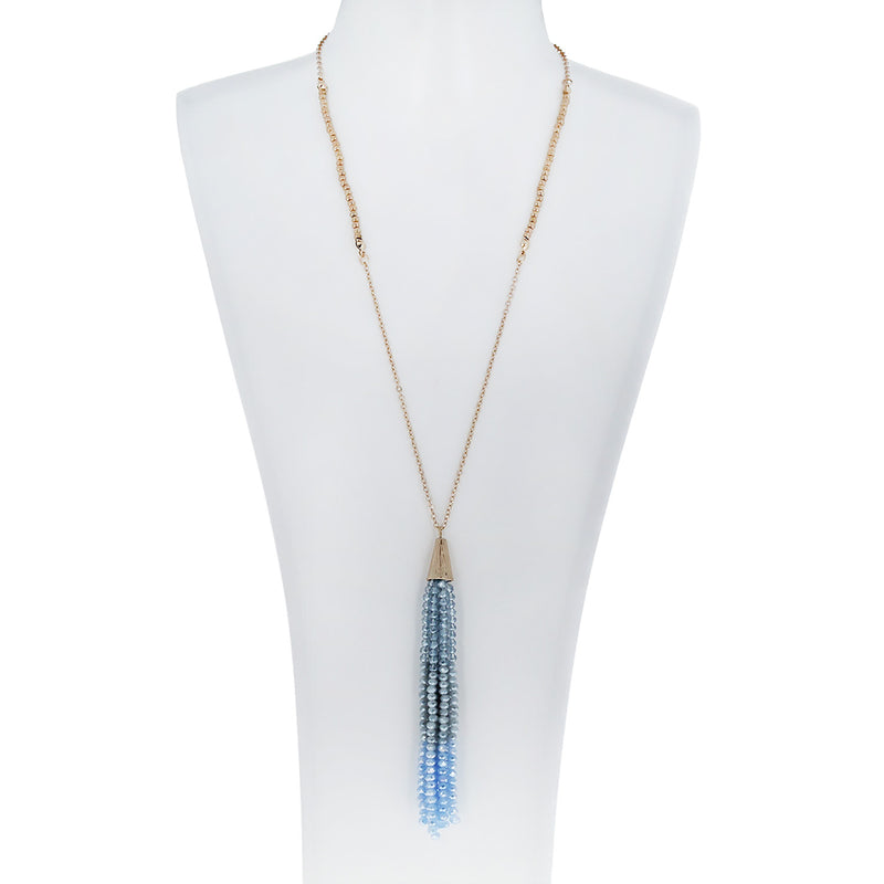 36 inch gold blue crystal tassel necklace