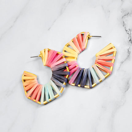 gold rainbow raffia octagon dangle earrings