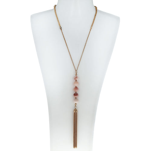 pink red natural stone drop pendant with gold tassels