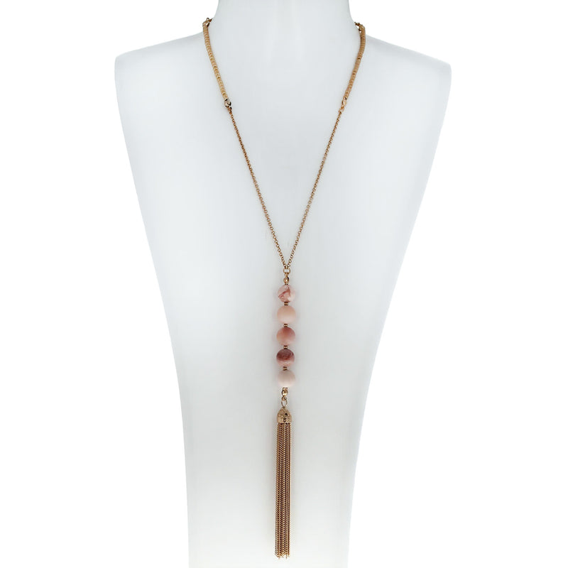 pink red natural stone drop pendant with gold tassels