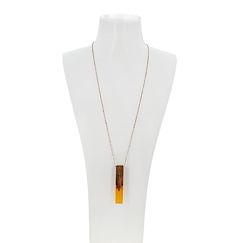 wood and yellow resin long gold necklace