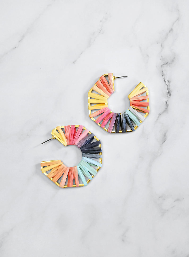 gold rainbow pastel raffia dangle earrings