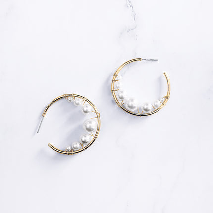 gold wire wrapped pearl hoop earrings
