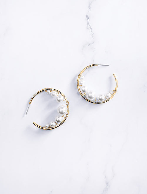 gold wire wrapped pearl hoop earrings